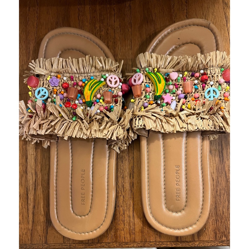 Free People Raffia Shipwrecked Slide Sandals Beaded Charm Tan Multi 9